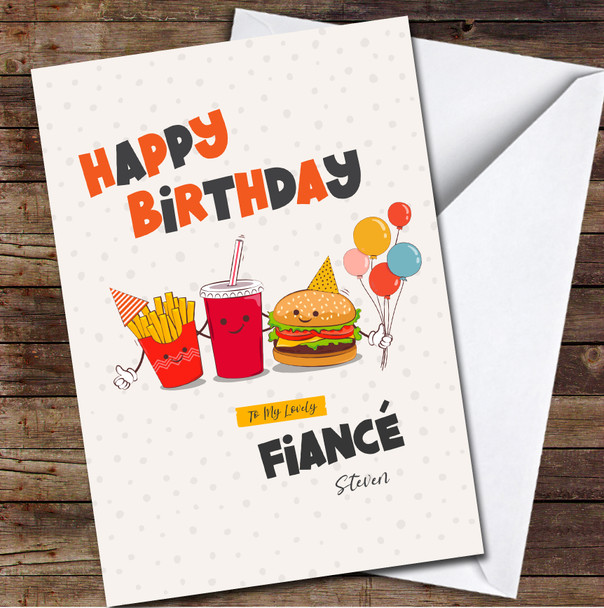 Fiancé Birthday Party Funny Fast Food Characters Card Personalised Birthday Card