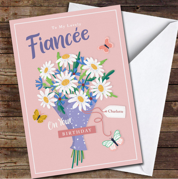 Fiancée Birthday Flower Bouquet With Butterflies Card Personalised Birthday Card