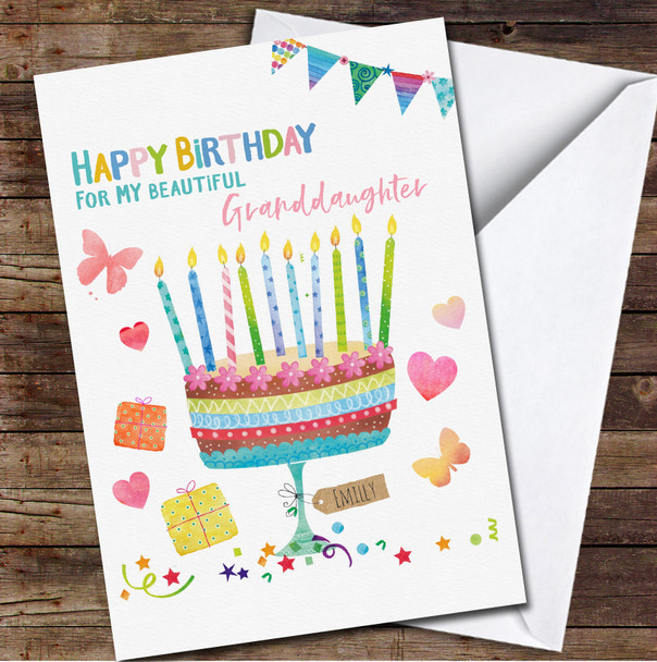 Granddaughter Birthday Rainbow Cake Butterfly Candles Personalised Birthday Card
