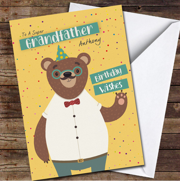 Grandfather Birthday Cute Bear Wearing Party Hat Card Personalised Birthday Card