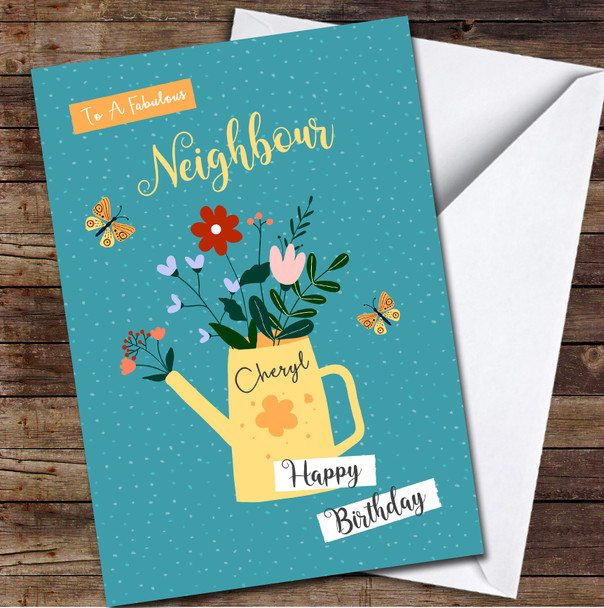 Neighbour Birthday Yellow Water Can With Flowers Card Personalised Birthday Card