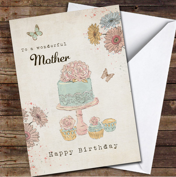 Retro Style Cake Pink Wonderful Mother Happy Birthday Personalised Birthday Card