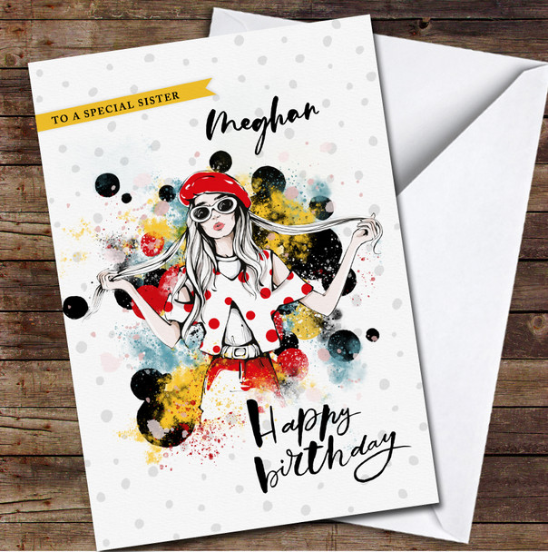 Sister Birthday Fashion Woman In Spotted Shirt Yellow Personalised Birthday Card