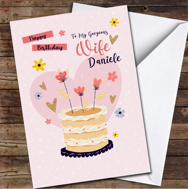 Wife Birthday Cake With Flowers Pink Navy Gold Hearts Personalised Birthday Card