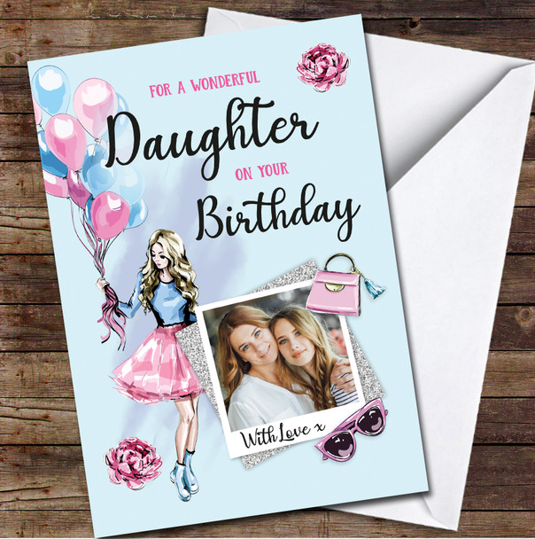 Daughter Dress Glam Beauty Blue Photo Glitter Female Personalised Birthday Card