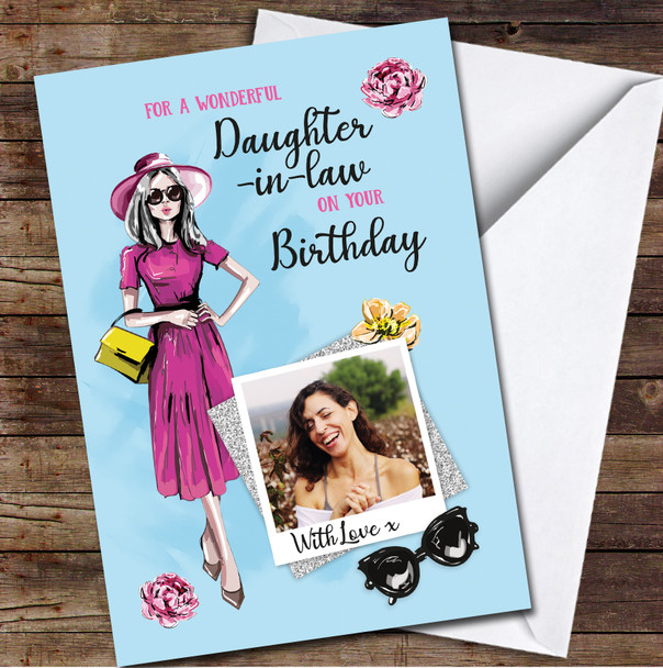 Daughter-in-law Pink Dress Glam Beauty Photo Glitter Personalised Birthday Card