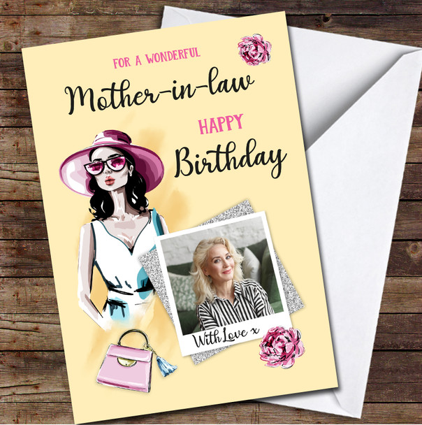 Mother-in-law Dress Pretty Glam Yellow Photo Glitter Personalised Birthday Card