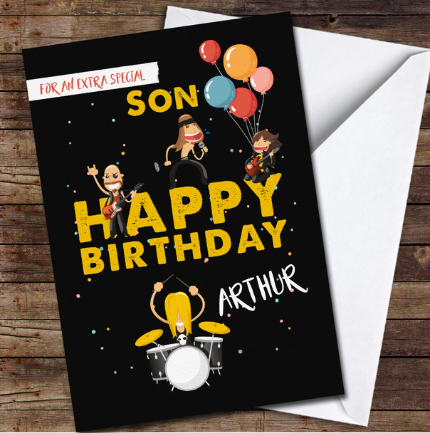 Black Background Special Son Rock Band With Balloons Personalised Birthday Card