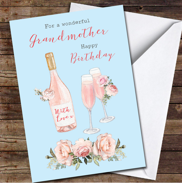 Grandmother Champagne Cheers Flutes Floral Blue Pink Personalised Birthday Card