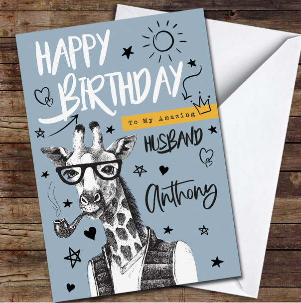 Husband Blue Background Hipster Giraffe Smoking Pipe Personalised Birthday Card