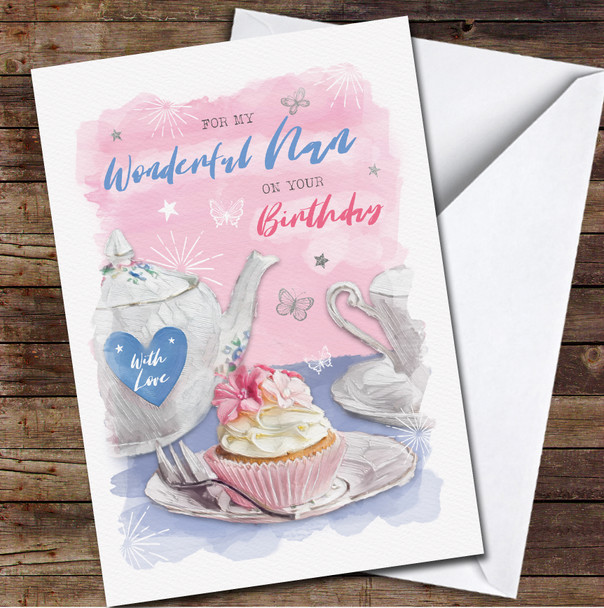 Nan Painted Pretty Pink Purple Afternoon Tea Cupcake Personalised Birthday Card