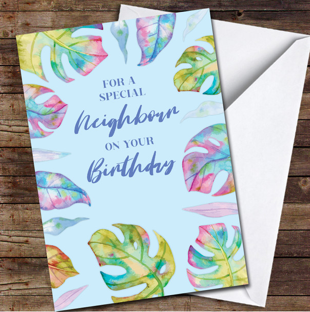 Neighbour Rainbow Plant Colourful Leaves Blue Friend Personalised Birthday Card