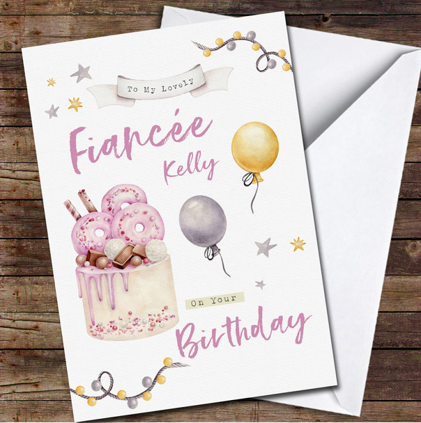 Fiancée Birthday Watercolour Cake With Balloons Card Personalised Birthday Card