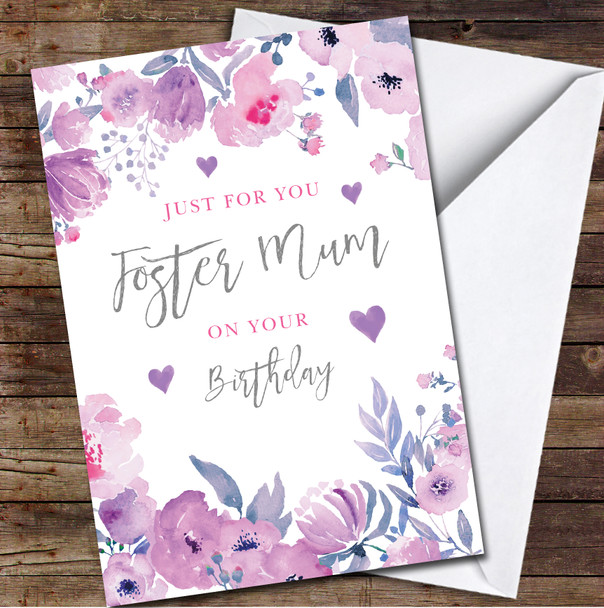 Foster Mum Birthday Flowers Purple Pink Floral Frame Personalised Birthday Card