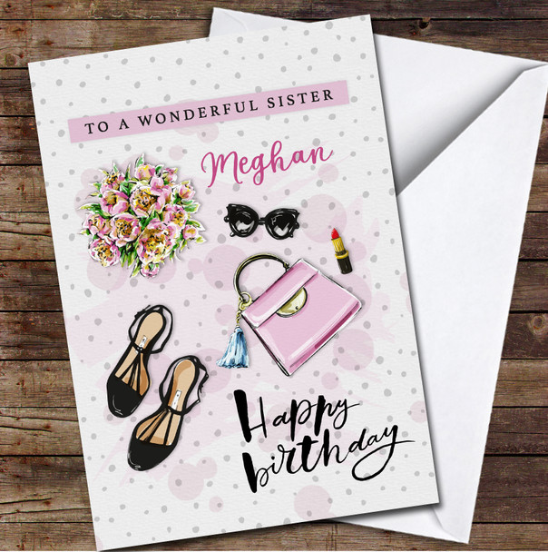 Wonderful Sister Birthday Pink Fashion Shoes And Bag Personalised Birthday Card