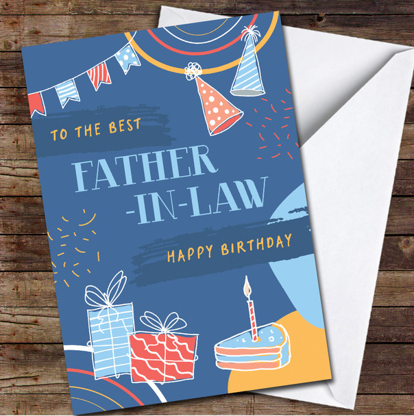 Father-in-law Blue Illustration Cake Gift Party Hat Personalised Birthday Card