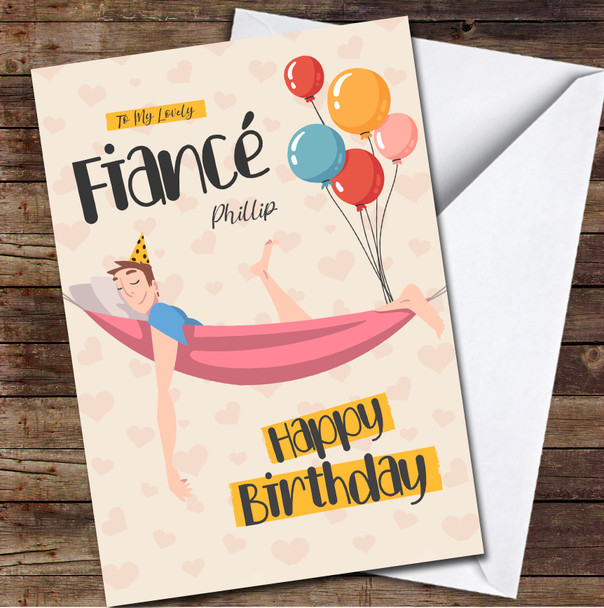 Fiancé Brown Hair Smiling Man Lying In Hammock Card Personalised Birthday Card