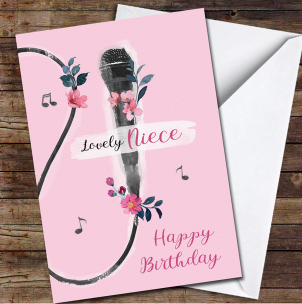 Niece Happy Microphone Singing Pink Painted Flowers Personalised Birthday Card