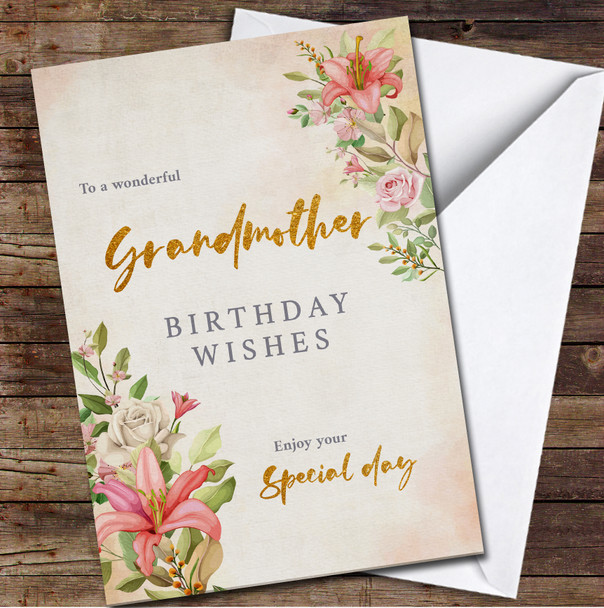Vintage Style Flowers Wonderful Gold Grandma Wishes Personalised Birthday Card
