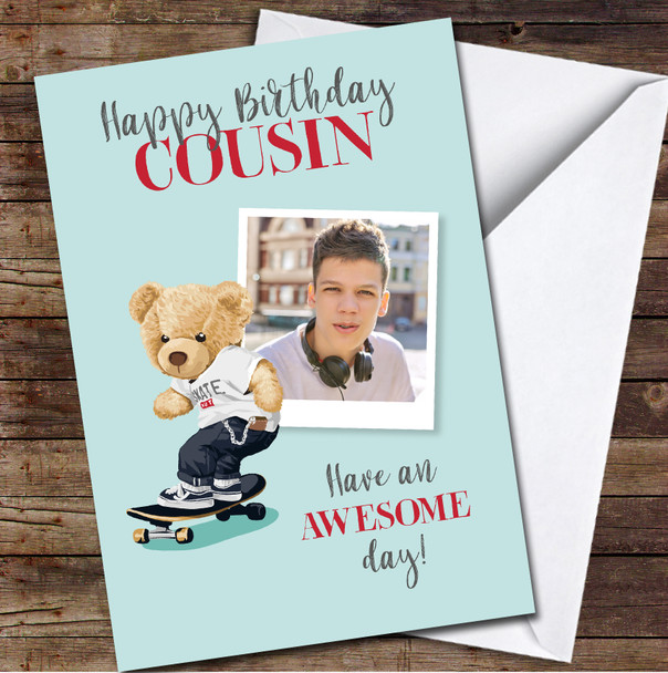Cousin Birthday Male Boy Skater Bear Photo Blue Red Personalised Birthday Card