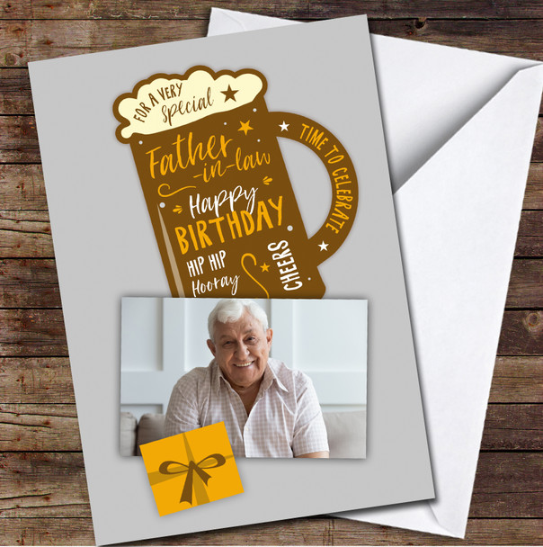 Father-in-law Birthday Beer Cheers Gift Photo Brown Personalised Birthday Card