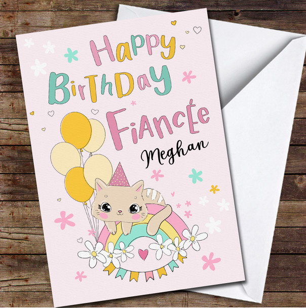 Fiancée Birthday Party Cat Laying On A Rainbow Card Personalised Birthday Card