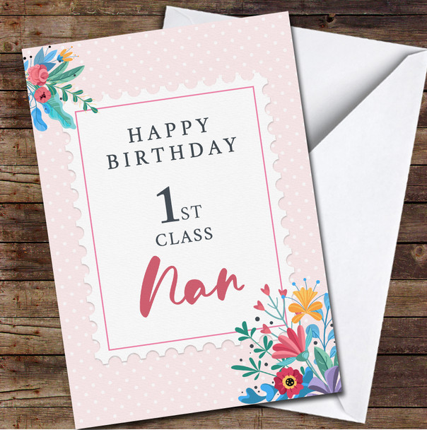 First Class Nan Stamp Pink Polka Dot Happy Birthday Personalised Birthday Card