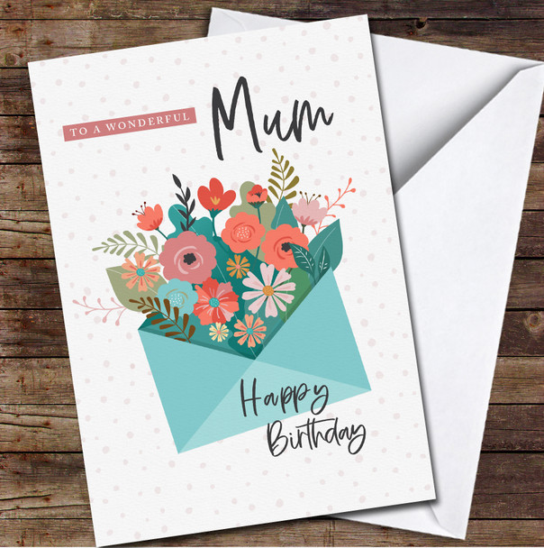 Green Envelope Bouquet Wonderful Mum Happy Birthday Personalised Birthday Card