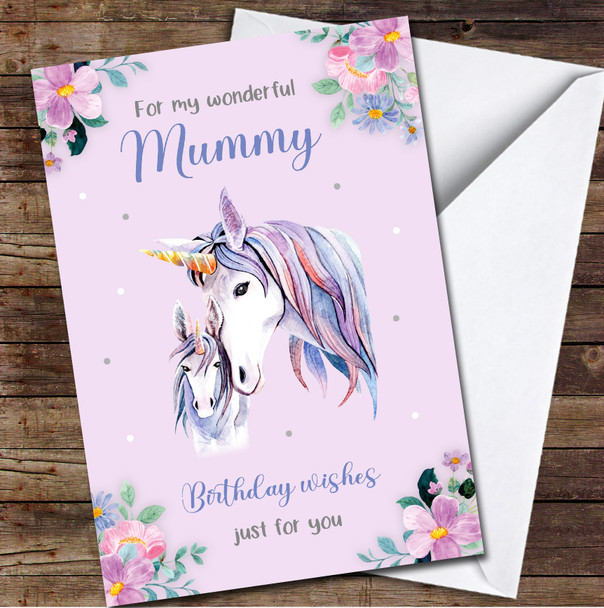 Mummy Birthday Unicorn From Daughter Purple Flowers Personalised Birthday Card