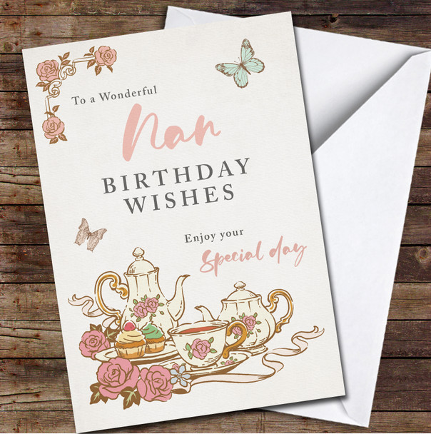 Vintage Style Tea Set Wonderful Nan Birthday Wishes Personalised Birthday Card