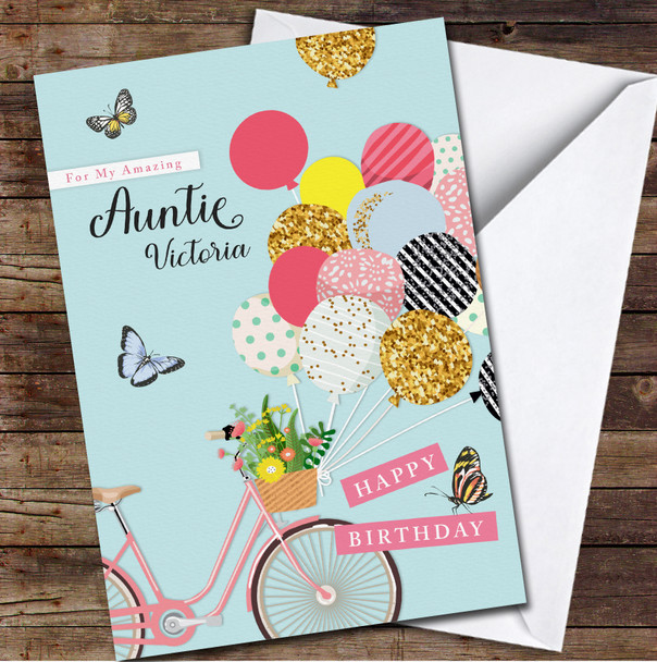 Auntie Vintage Bike With Pink Gold Bright Balloons Personalised Birthday Card