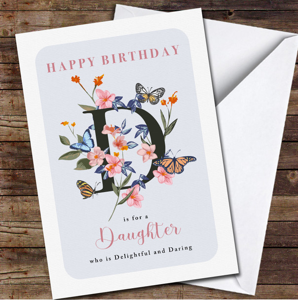 Daughter Light Purple Floral D Initial Butterflies Personalised Birthday Card