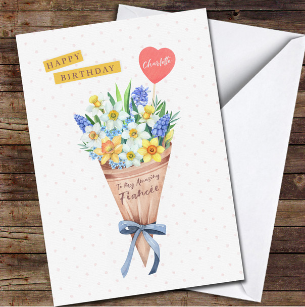 Fiancée Watercolour Bouquet of Spring Flowers Card Personalised Birthday Card