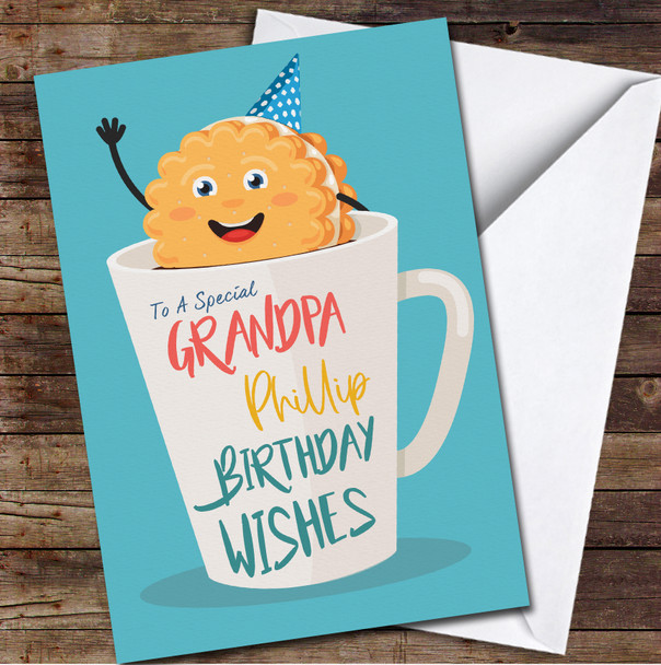 Grandpa Cute Cookie Character In A Cup Of Tea Card Personalised Birthday Card