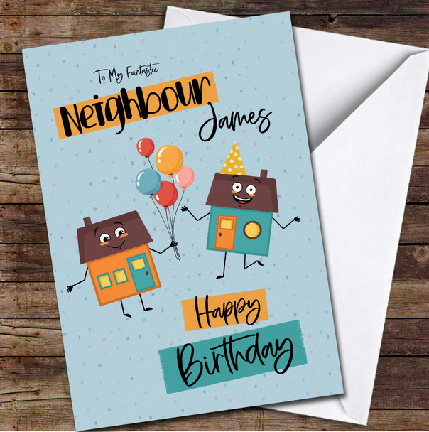 Neighbour Cute House Characters With Balloons Card Personalised Birthday Card