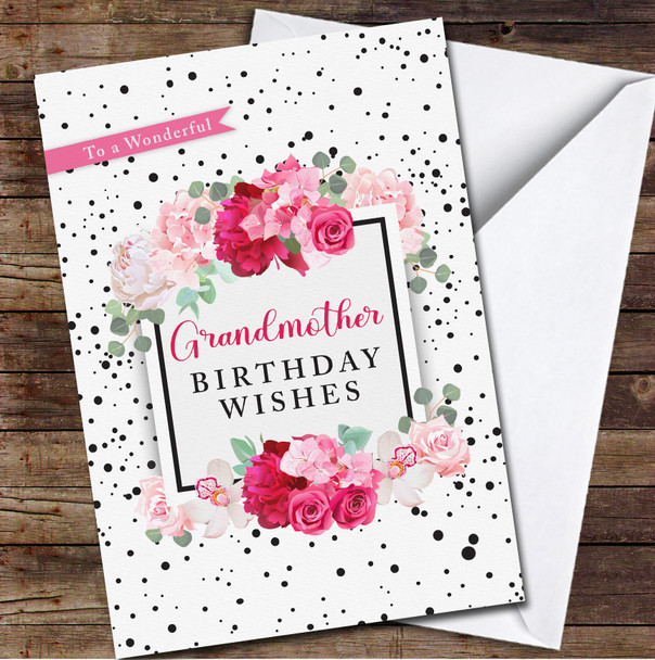 Pink Roses Black Dots Wonderful Grandmother Wishes Personalised Birthday Card