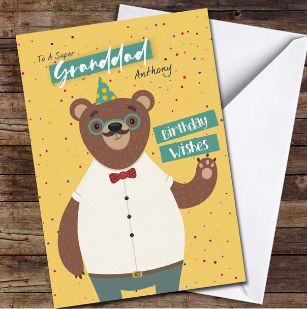 Grandad Birthday Cute Bear Wearing Party Hat Card Personalised Birthday Card