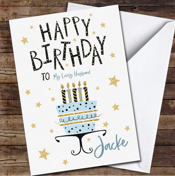 Husband Birthday Cake With Candles Gold Stars Blue Personalised Birthday Card