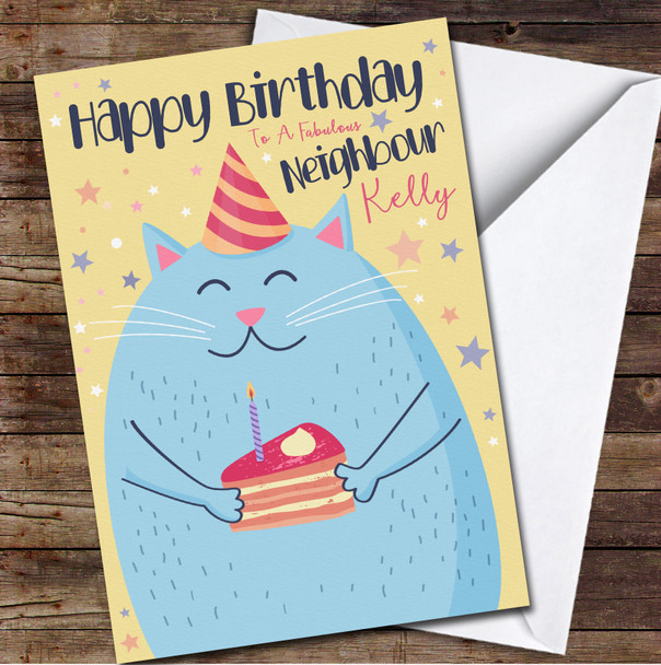 Neighbour Birthday Cute Blue Cat Holding Cake Card Personalised Birthday Card