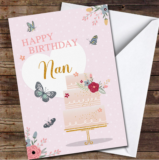 Pink Birthday Cake With Flowers Happy Birthday Nan Personalised Birthday Card