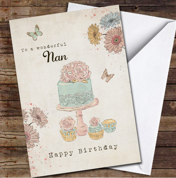 Retro Style Cake Pink Wonderful Nan Happy Birthday Personalised Birthday Card