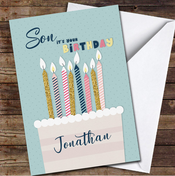Son Birthday Cake Pink Blue Gold Candles Polka Dot Personalised Birthday Card
