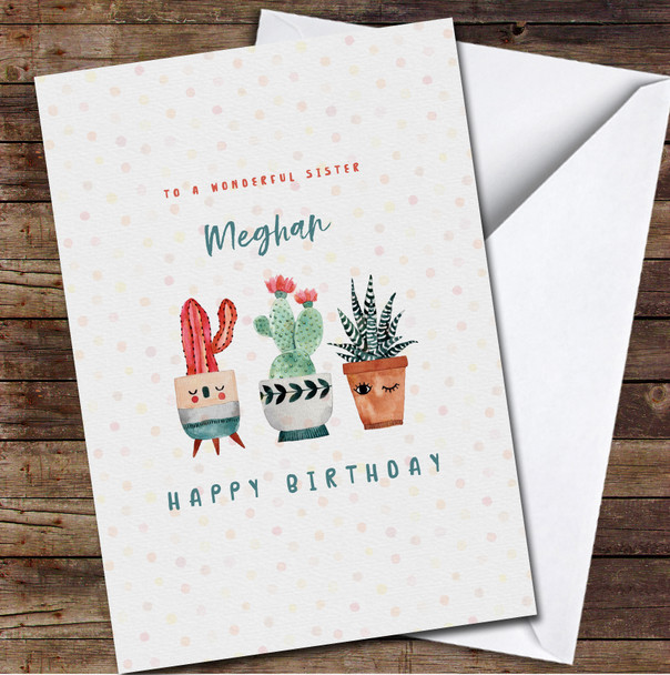 Wonderful Sister Birthday Watercolour Cactus Spots Personalised Birthday Card