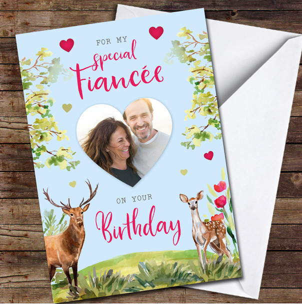 Fiancée Deer Forest Painted Photo Romantic Hearts Personalised Birthday Card