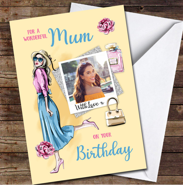 Mum Dress Pretty Glam Beauty Yellow Photo Glitter Personalised Birthday Card