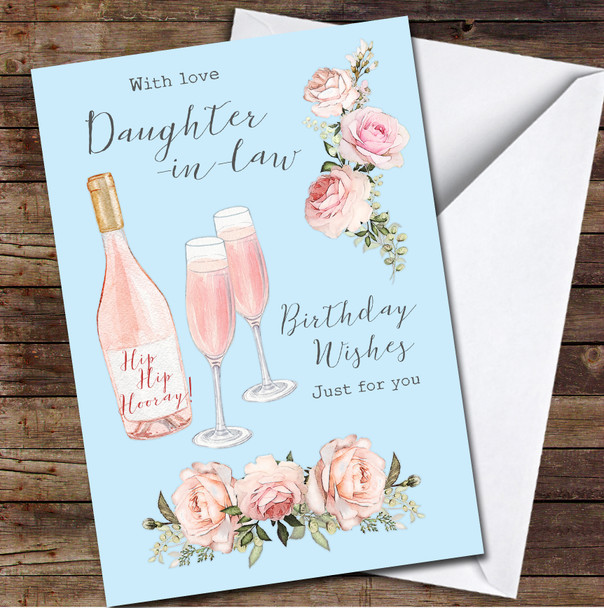 Daughter-in-law Champagne Cheers Floral Blue Pink Personalised Birthday Card