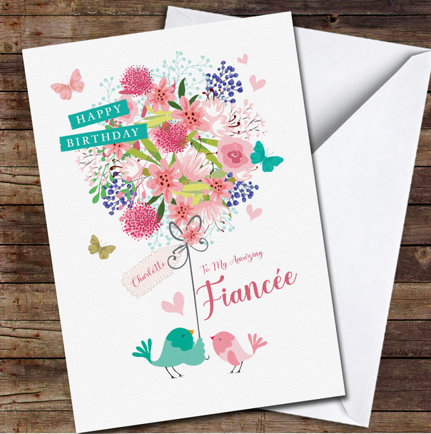 Fiancée Cute Bird Couple With Floral Balloon Card Personalised Birthday Card
