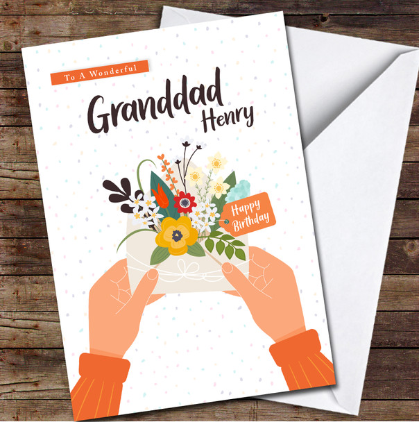 Granddad Hands Holding Envelope With Flowers Card Personalised Birthday Card