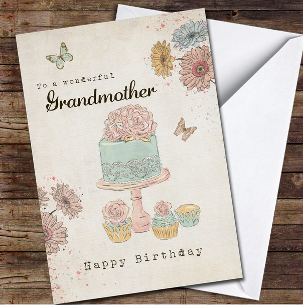 Retro Style Cake Pink Wonderful Grandmother Happy Personalised Birthday Card