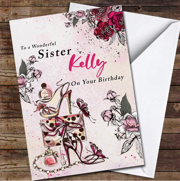 Sister Pink Fashion Accessories Flowers Shoes Bag Personalised Birthday Card